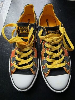Converse Kids Black Canvas Sneakers with Yellow Laces and Flame Detail
